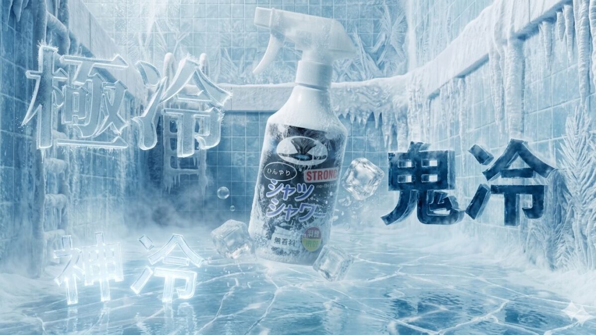凍りついたプールに浮かぶ「シャツシャワー STRONG」のボトルと「極冷」「神冷」「鬼冷」の文字のアイキャッチ