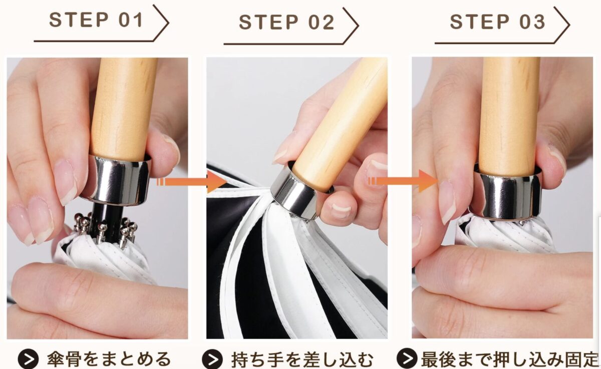 傘の持ち手の取り付け方3ステップ:傘骨をまとめ、持ち手を差し込み、最後まで押し込んで固定する手順を示した画像