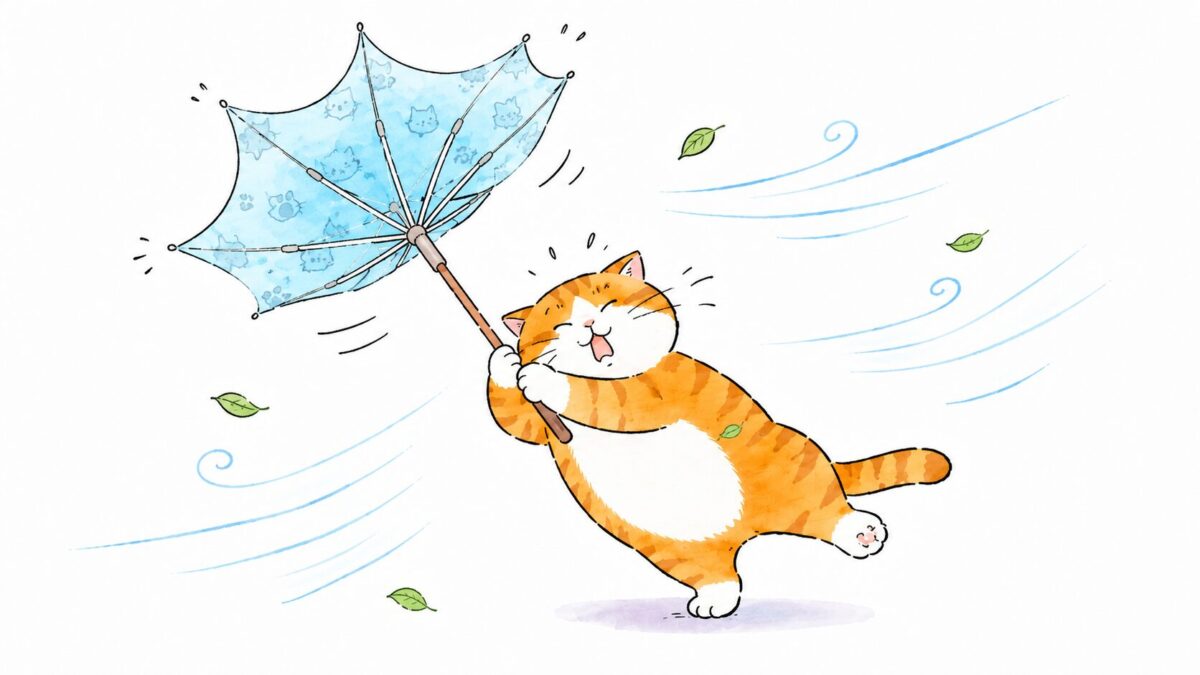 強風で裏返った水色の日傘を持つ猫のイラストのアイキャッチ