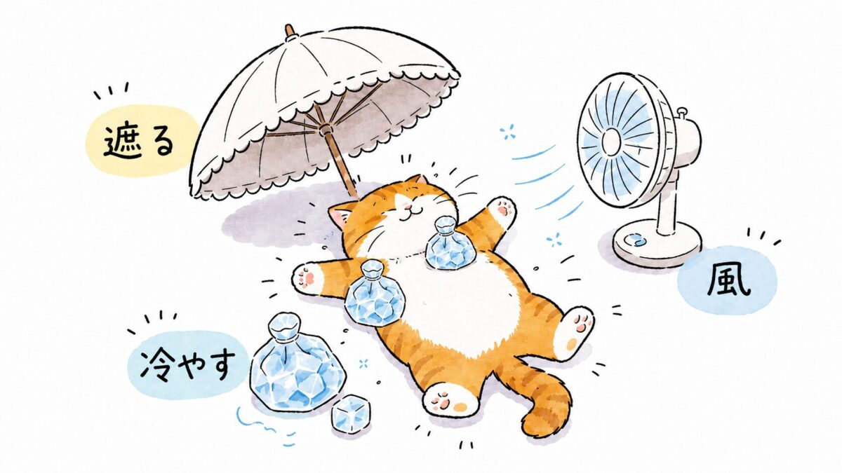 日傘で日差しを遮り、首と脇を氷で冷やし、扇風機の風を受けながら大の字でくつろぐ猫の熱中症対策イラスト