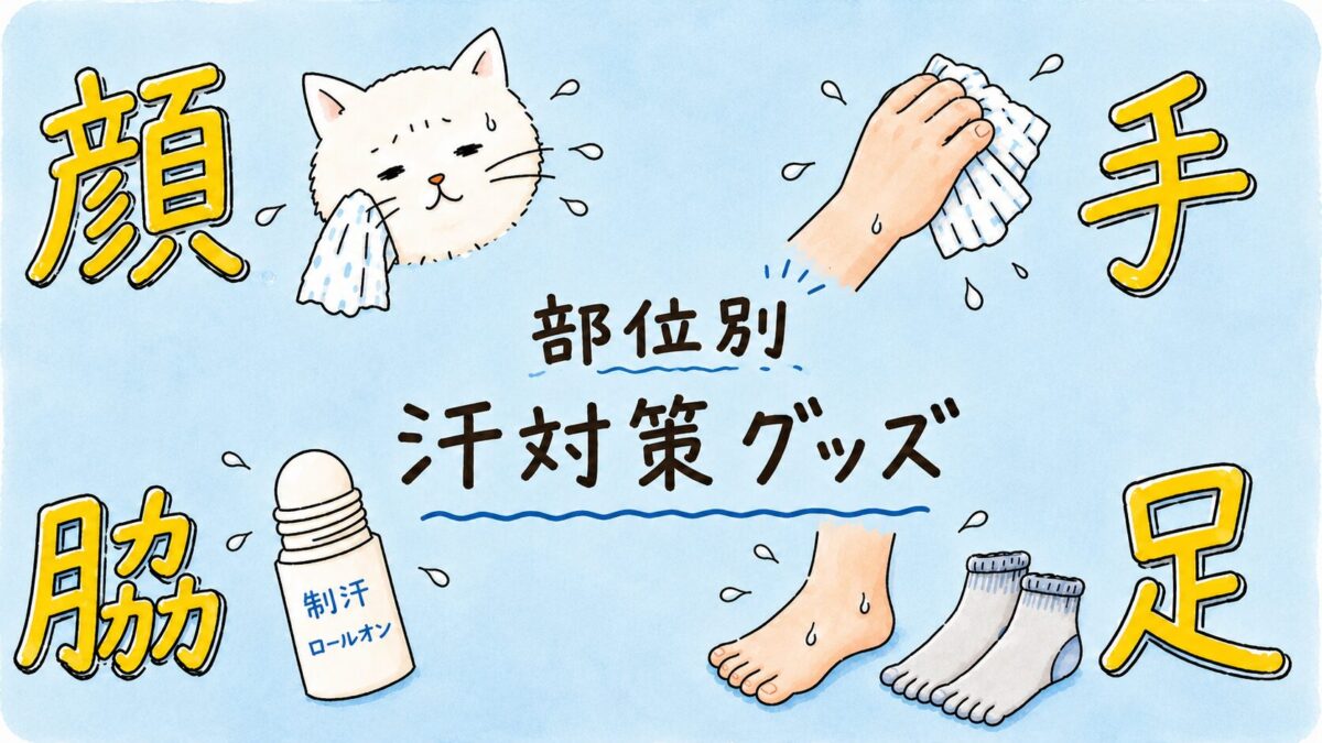 顔・手・脇・足の部位別におすすめの汗対策グッズをイラストで紹介したアイキャッチ画像